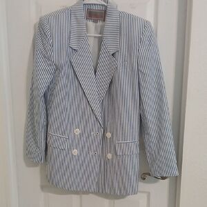 Blue and White Seersucker Blazer with Notched Lapel